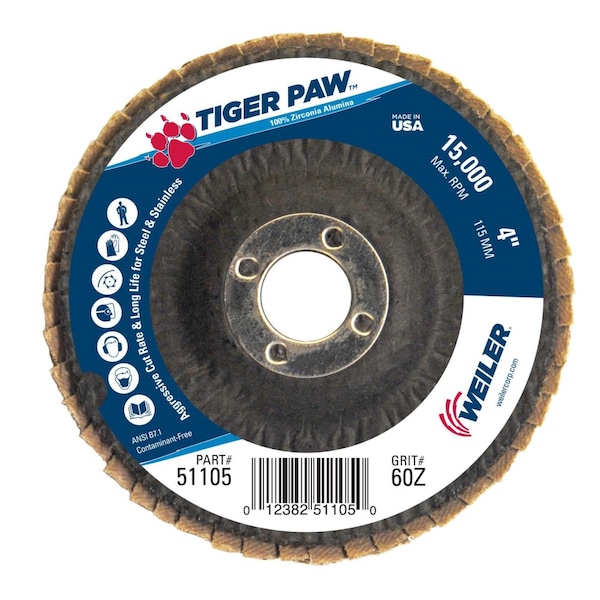 Weiler 4" Tiger Paw Abrasive Flap Disc, Conical (TY29), 60Z, 5/8" 51105 - main